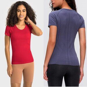 LUYAA Red & Purple Gray Short Sleeve Slim Fit Athletic Top | Size L | Set of 2